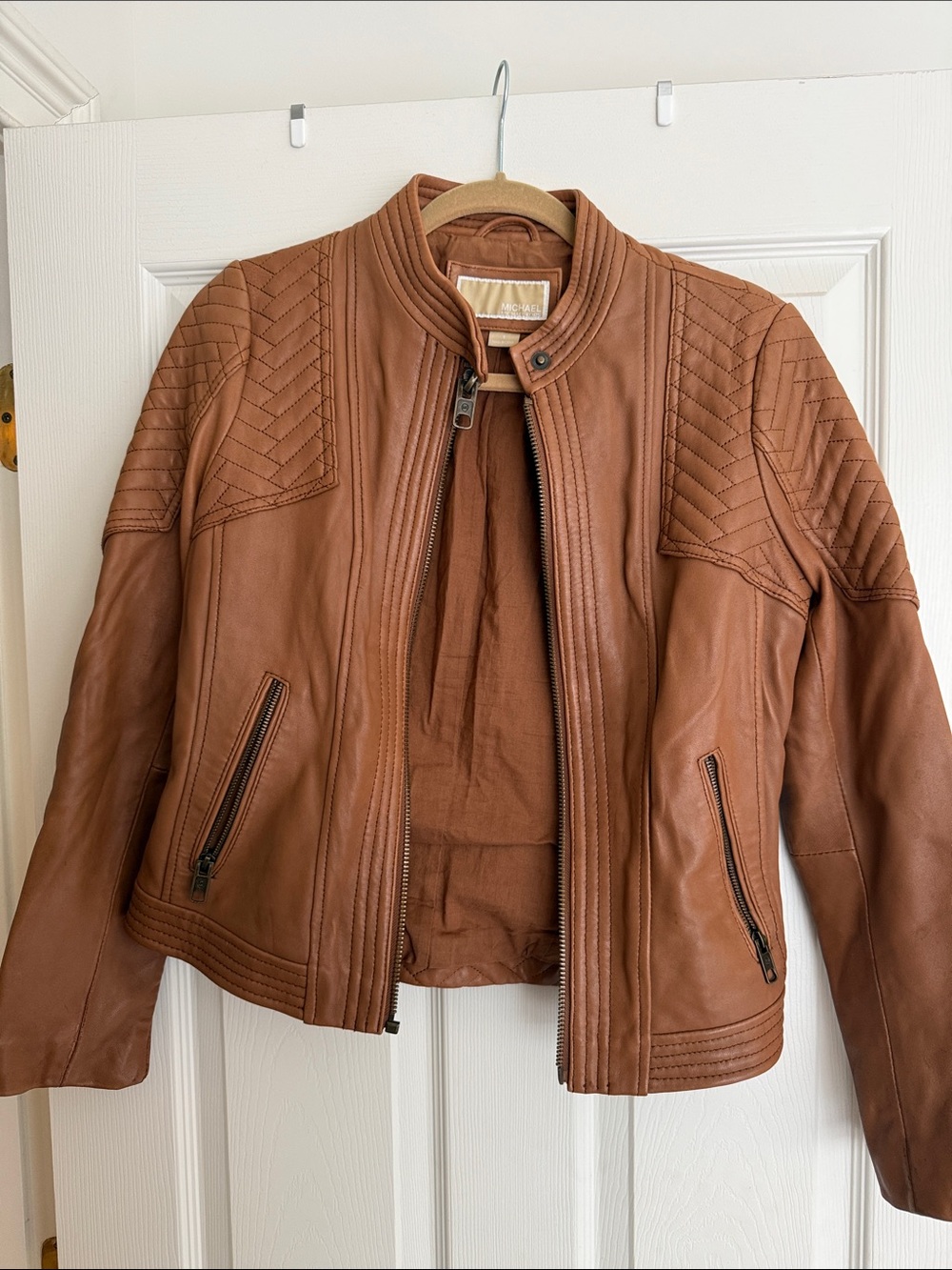 Michael Kors Quilted Shoulder Leather Jacket - Brown